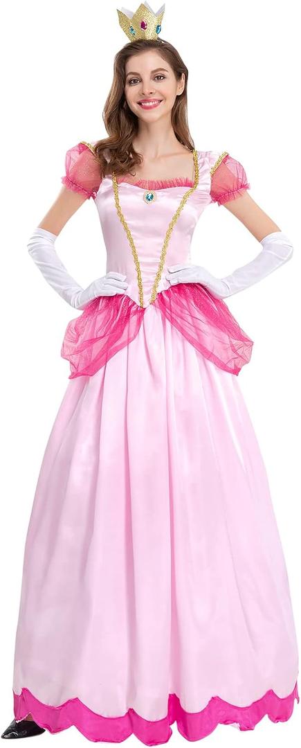 AFAVOM Princess Peach Costume with Crown and Gloves for Adult Women Halloween Birthday Party Dress up Fancy Cosplay Outfit (X-Large, Pink)