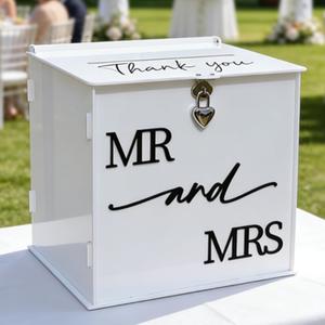 White Acrylic Card Box with Lock, DIY Wedding Card Box for Reception with Mr and Mrs 3D Pop Out Text, Envelope Money Gift Cards Box for Party Wedding Engagement Bridal Shower Table Decor