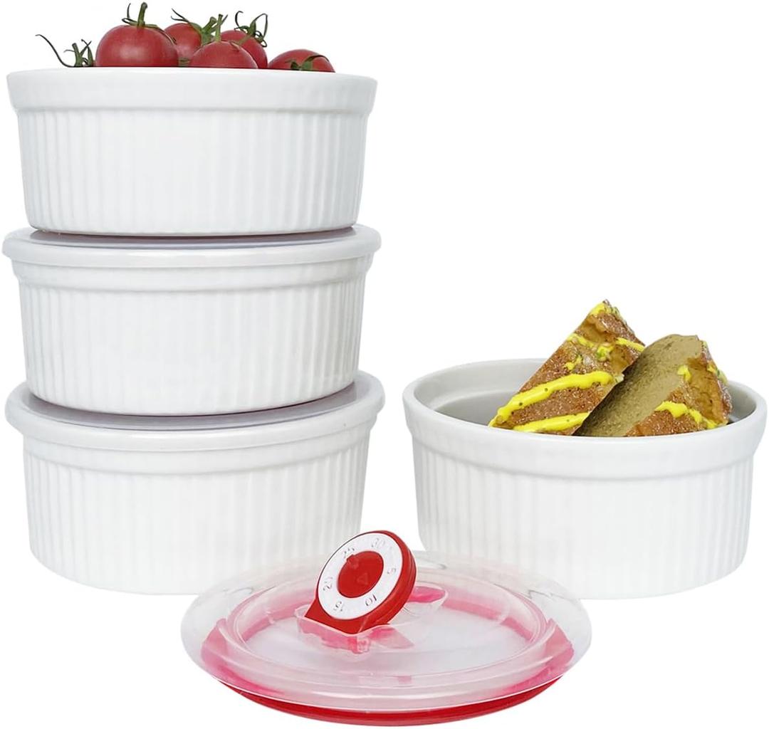 Ramekins 16 oz Oven Safe, Creme Brulee Ramekins with Lids, White Ceramic Souffle Dishes Ramekin, Mini Baking Bowls with Cover Set of 4, Ramekin Assorted Sizes - Dishwasher and Oven Safe