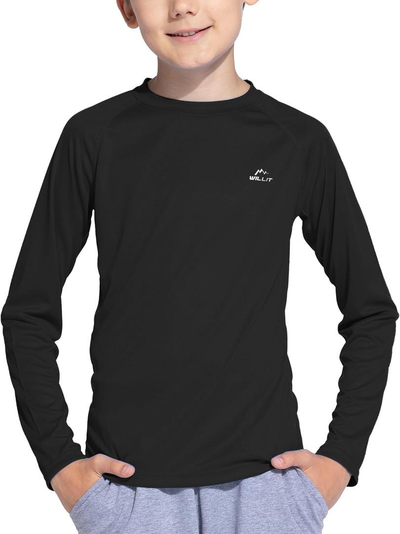 Willit Boy's UPF 50+ Sun Protection Shirt Long Sleeve Rash Guard Swim Shirts Youth SPF Fishing Quick Dry Shirt (3T, Black)