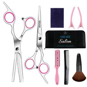 Sirabe 9 PCS Hair Cutting Scissors Thinning Shears Kit, Professional Haircut Scissors Set, Barber Hairdressing Texturizing Shears Tools for Salon Home Men Women Kids Adults Pet (Pink)