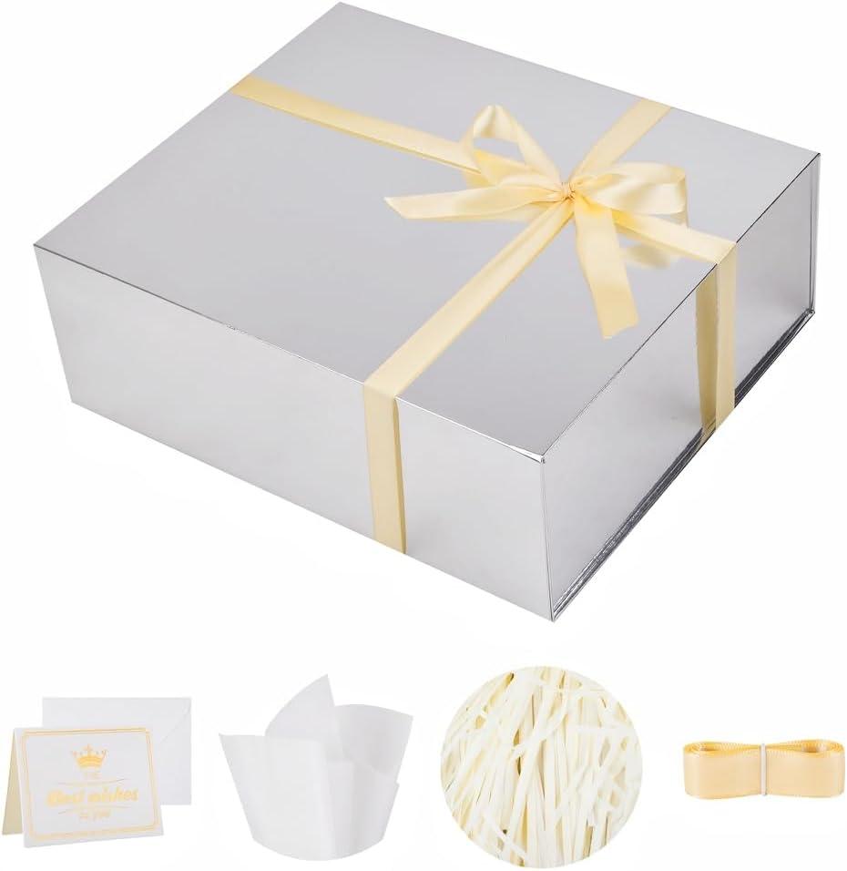 UoeRing 1 Extra Large Silver Gift Box 17x14.5x6 inch Luxury Gift Box for Presents with Magnetic Closure Lid Collapsible,Birthday,Christmas,Contains Card, Ribbon,Tissue Paper,Shredded Paper Filler (17x14.5x6 Inch-Silvery-Pack of 1)