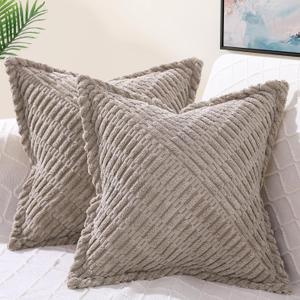 decorUhome Decorative Khaki Throw Pillow Covers 22x22 Set of 2 with Splicing, Boho Soft Neutral Corduroy Broadside Twill Pillow Covers for Couch Bed Sofa Living Room
