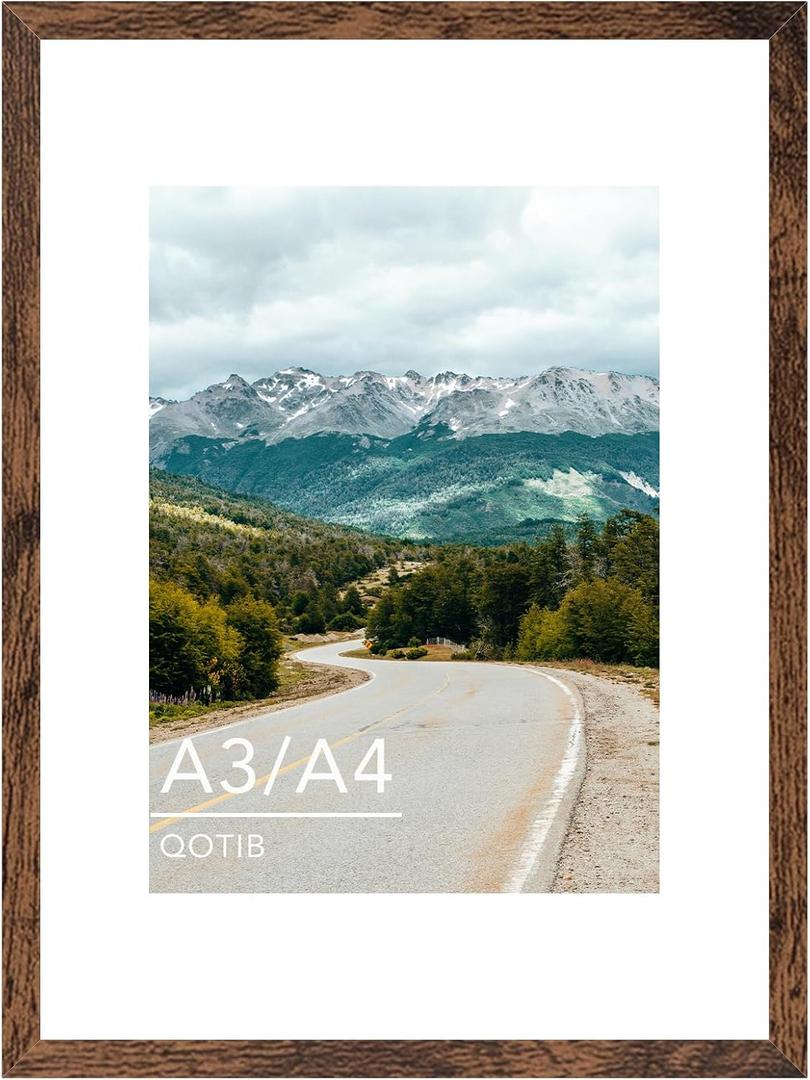 A3 Picture Frame with A4 Mat, Display 8.3x11.7 inch A4 with Mat or 11.7x16.5 inch A3 without, Wood 11.7 by 16.5 Photo Frame, 11.7 x 16.5 Frame for Wall Hanging, Deep Brown