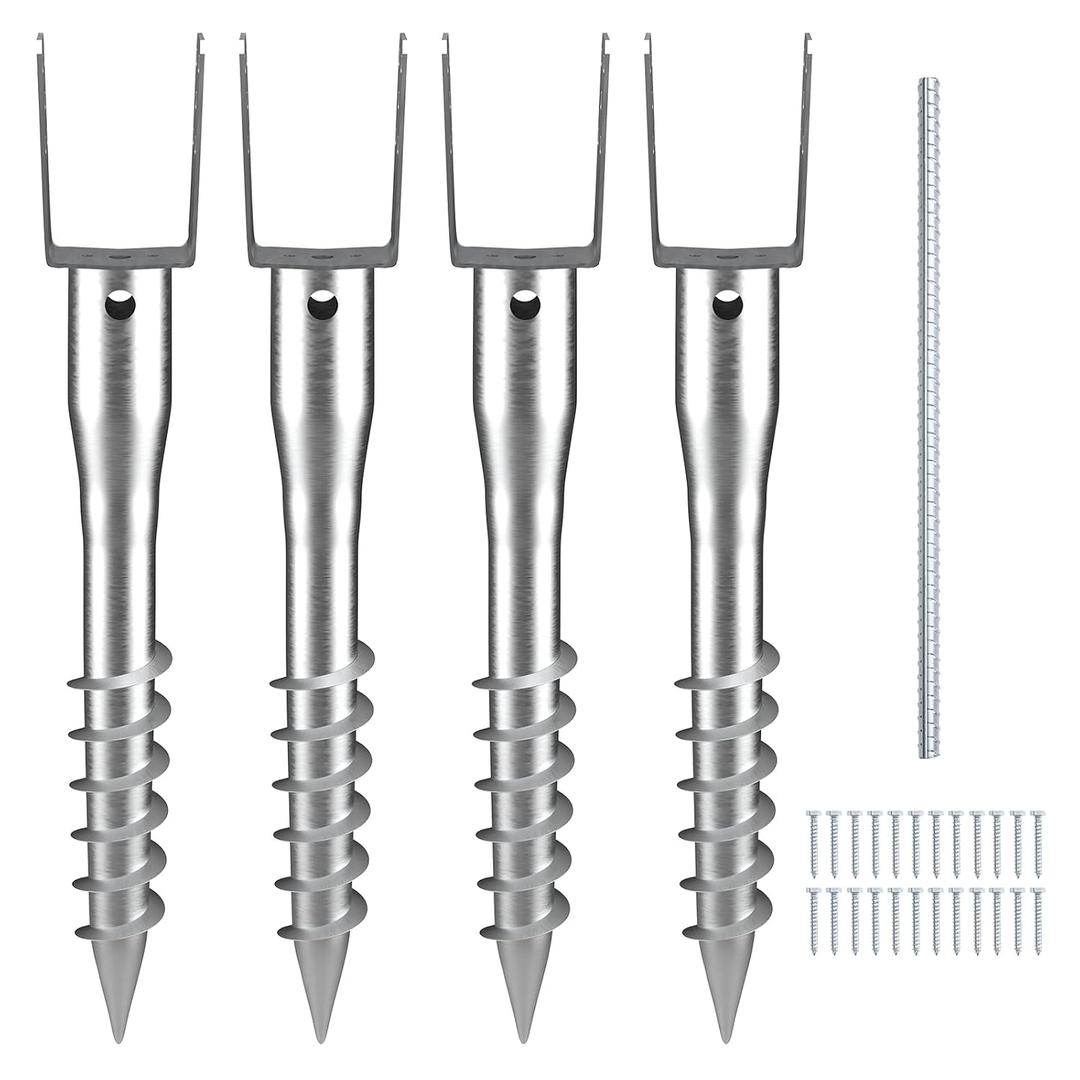 VEVOR Ground Screw, No Dig Ground Anchor 4 Pack 3.94 x 2.76 x 27.56 in DIY Screw in Stake, Includes 6 Lag Bolts & a Rebar, U-Shape Heavy Duty Steel Post Holder, Great for Mailbox and Fence Posts