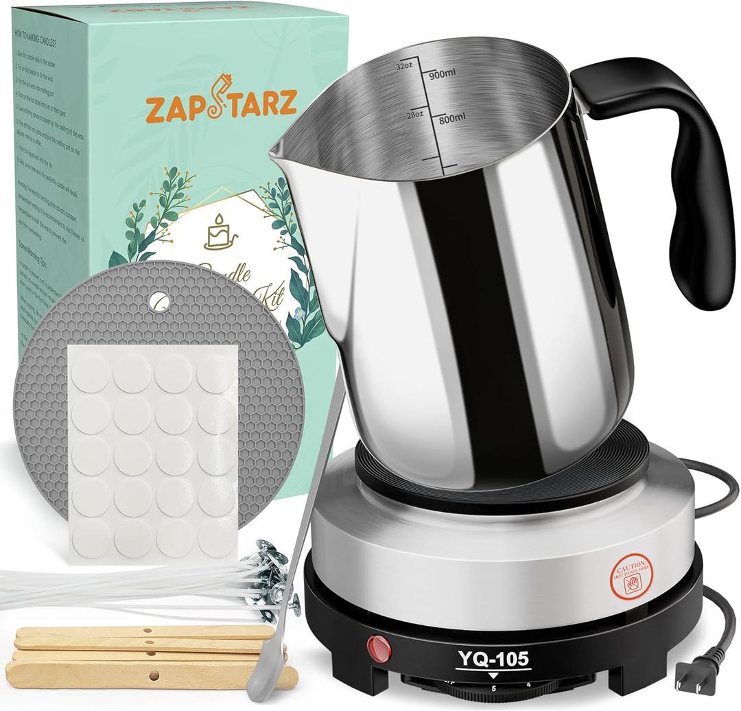 Zapstarz Candle Making Kit with Hot Plate, Candle Making Supplies for Adults Beginners, Wax Melting Pot with Stirring Spoon, Anti-Scalding Pad, Candle Wick, Centering Device, Wick Stickers