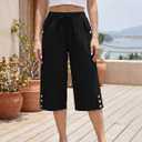 Larmliss Womens Casual Capri Pants Elastic Waist Solid Color 3/4 Wide Leg Summer Trousers with Pockets (Black, XL)
