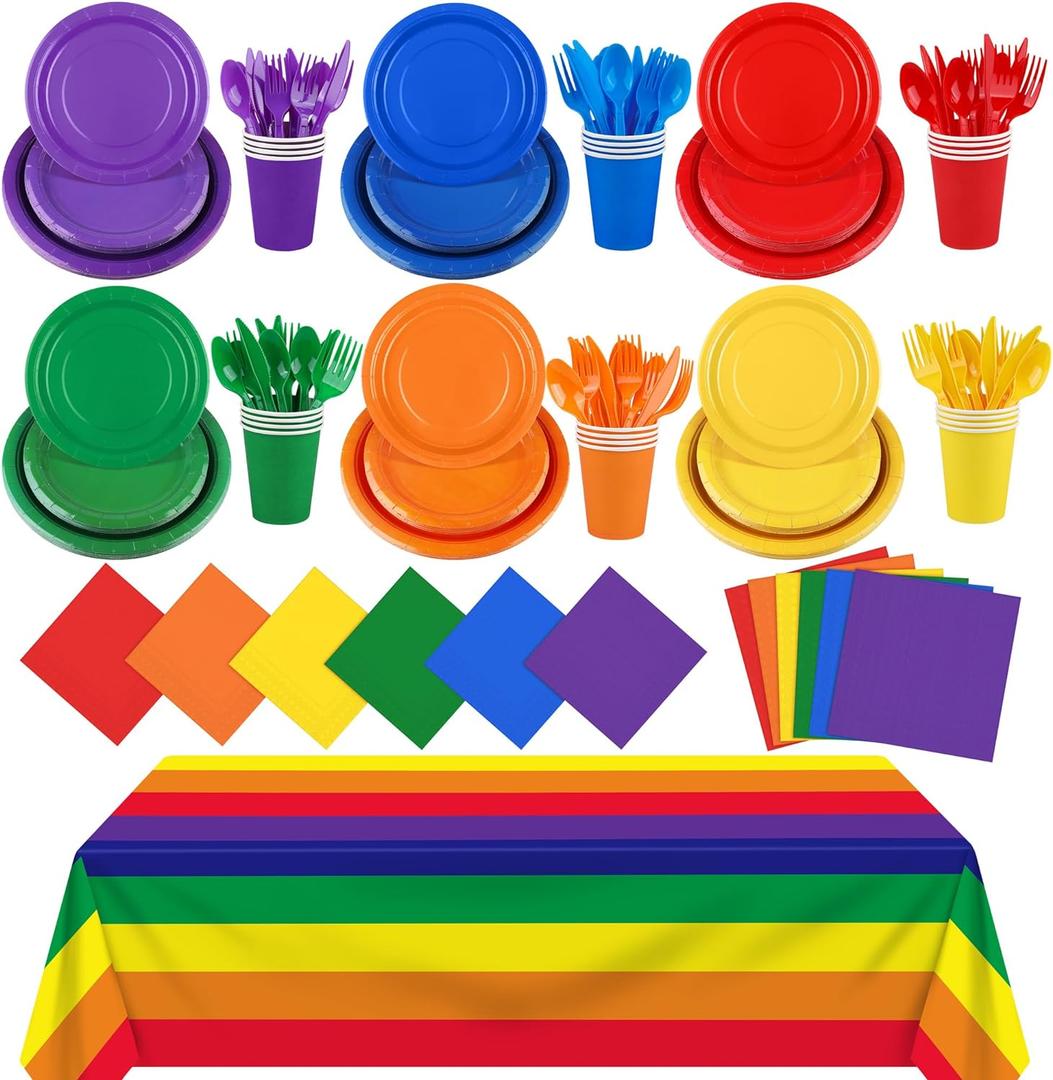 169 Pieces Rainbow Party Supplies Disposable Dinnerware Set Include Plates and Cups Napkins Plastic Forks Knives Spoons Tablecloth for Wedding Birthday Party Decorations, Serve 24 Guests