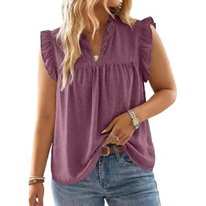AlvaQ Womens Plus Size Summer Blouses Flowy V Neck Swiss Dot Sleeveless Ruffle Tank Top (X-Large Plus, Purple)