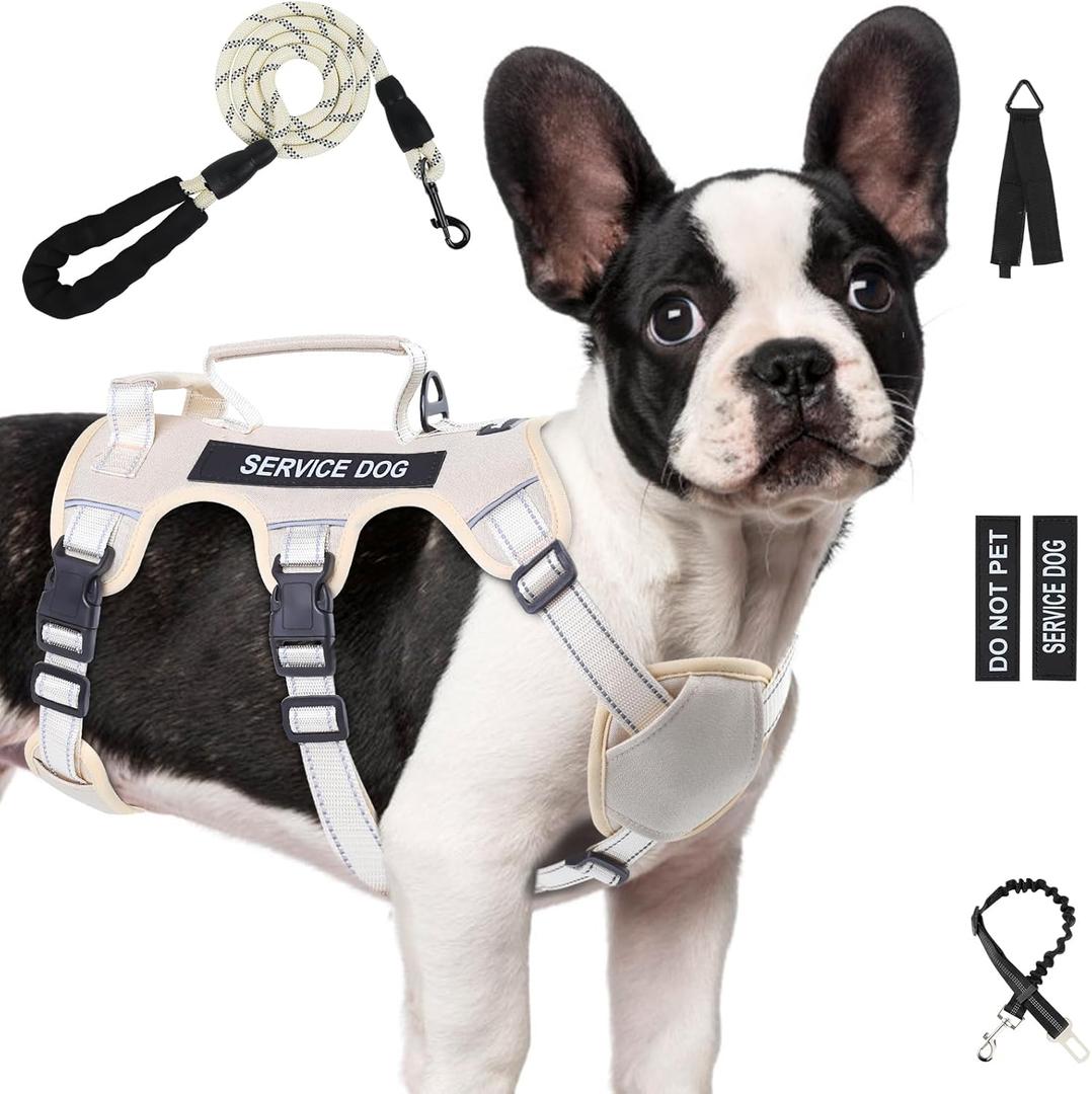 Escape Proof Dog Harness for Large Medium Sized Dogs Six Point Adjustable, Service Dog Vest Harness and Leash Set, No Pull Dogs Harnesses with Handle, Medium Dog Harnesses for Walking(Beige, M)