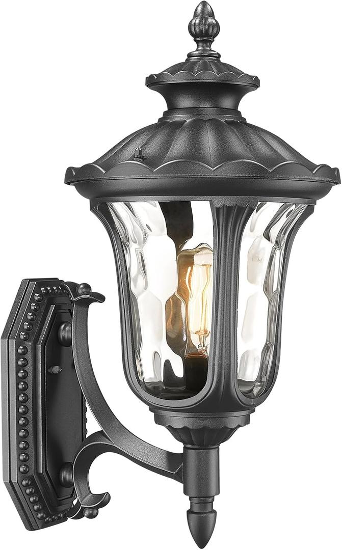 Outdoor Light Fixtures Wall Mount, Waterproof Exterior Wall Lanterns with Waer Ripple Glass, Outside Sconces, Front Porch Lights for House Garage Doorway Patio, 22'' Large Black