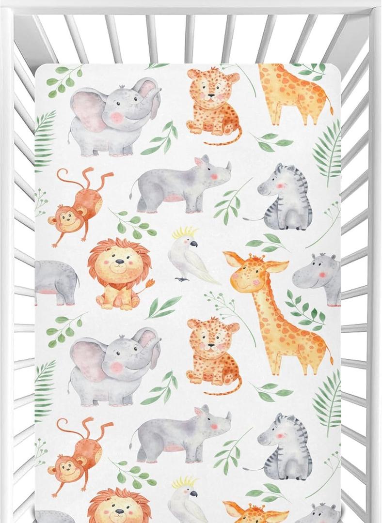 CaTaKu Baby Crib Sheets Safari Animals Leaves Mini Crib Sheets Fitted for Girls Boys,Neutral Soft Toddler Mattress Bed Sheets for Crib,28"x 52"