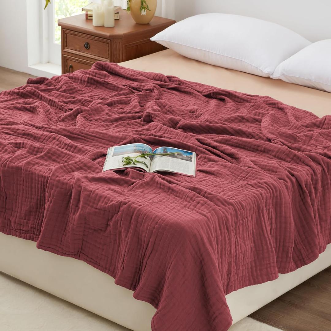 Love's cabin 100% Cotton Muslin Blanket, 6 Layer Lightweight Breathable Gauze Queen Size Blanket 88 x 88 Inches, Soft All Season Blanket for Bed, Wine Red