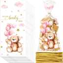 Maitys 100 Pieces Bear Baby Shower Treats Cellophane Bags Plastic Goodie Candy Bags with 100 Gold Twist Ties Gift Bags for Gender Reveal Birthday Party Favors(Pink, Cute Style)