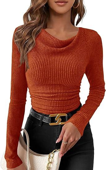 PRETTYGARDEN Women's Long Sleeve Cowl Neck Ribbed Knit Spring Shirts Slim Fit Ruched Going Out Crop Tops Basic T-Shirts Medium