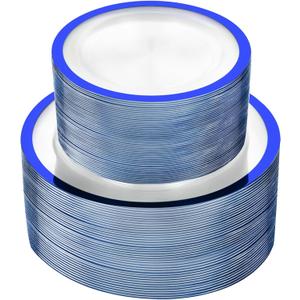 U-QE 120pcs Blue Plastic Plates for Party - Clear and Blue Disposable Plates Heavy Duty - Includes 60 10" Dinner & 60 7" Dessert Plates for Party, Birthday & Wedding