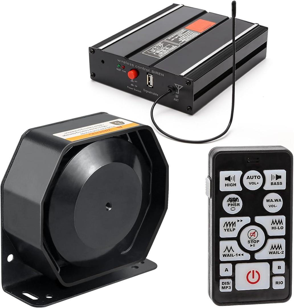 200W 12V 20 Tones Police Emergency Siren PA System for Firefighter Ambulance Vehicles Truck Car SUV ATV UTV [Slim Speaker][Wireless Remote Handheld Microphone][2 x 10A Switches]