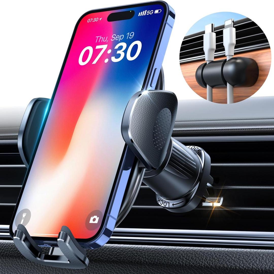 YRU Phone Holders for Your Car [2025 Upgraded Military Metal Hook], Cellphone Holder Car[No Fear of Bumps] Vent Phone Mount Truck Compatible with iPhone17 16 15 14 13 12 Samsung Android, Black