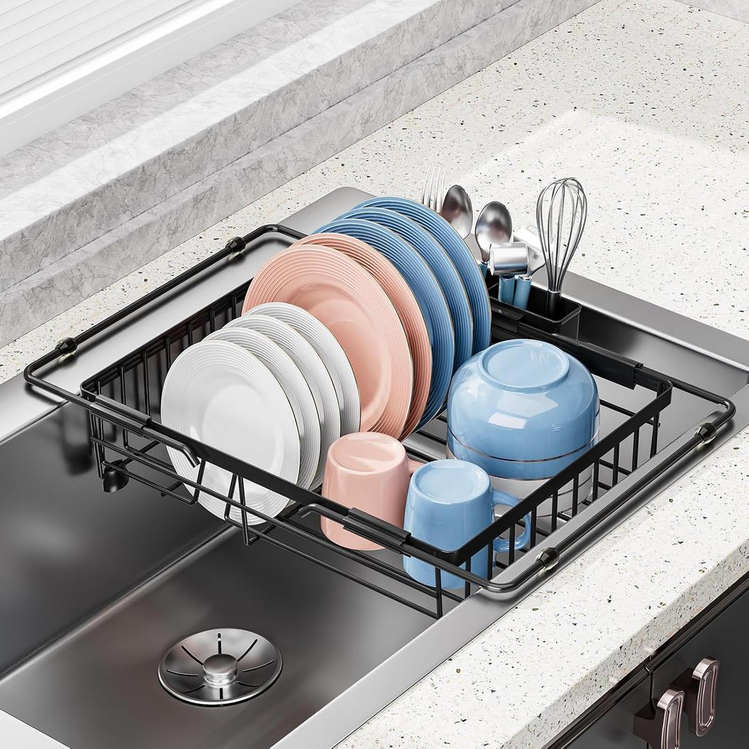 Expandable in Sink Dish Drying Rack - Adjustable Capacity Over The Sink Dish Drainer Drying Rack with Utensil Holder for Kitchen Counter, Drying Rack for Small Space,14.37-21.06L x 11.81W x 3.74D