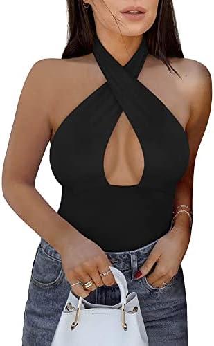 REORIA Butsmooth® Women's Trendy Sexy Criss Cross Halter Neck Sleeveless Thong Bodysuits Tops Clubwear Large