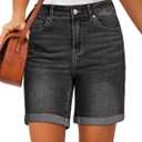 luvamia Jean Shorts for Women High Waisted Trendy Causal Summer Fold Hem Stretchy Long Denim Shorts 7 Inch Inseam, Extra Large, Washed Black 