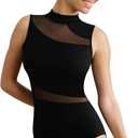 Women Mock Neck Ballet Leotards for Dance, Asymmetrical Mesh Splicing, Chest Padding, Big Hollow Back, Medium 