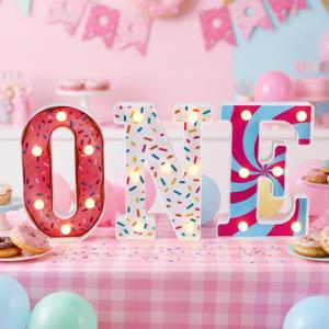 Sweet One Birthday Party Decorations Donut One Letters Light Birthday Decorations Light up Pink White Letters for Centerpieces Table Backdrop 1 Year Old Party Supplies Boy Girl