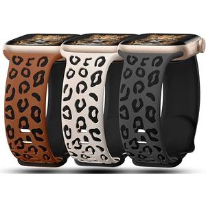 3 Pack Leopard Engraved Bands Compatible with Apple Watch Band 41mm 40mm 38mm 42mm 44mm 45mm 46mm 49mm Women, Soft Silicone Cheetah Embossed Sport Strap for iWatch Series 10 9 8 7 6 5 4 3 2 1 Ultra