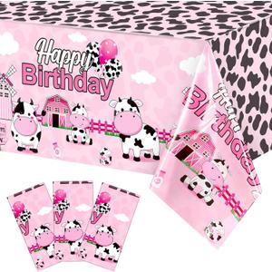 Tiamon 3 Pieces Cow Birthday Party Tablecloth Decorations 108 x 54 Inches Plastic Pink Cow Print Table Cover Farm Animal Table Cloths for Farmhouse Girls Happy Birthday Baby Shower Party Supplies