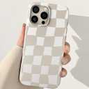 for iPhone 14 Pro Case 6.1 Inch, Trendy Checkered Aesthetic Cute Girly Design for Women & Girls, Checkerboard Pattern Phone Case, Slim Fit Silicone Protective Cover, Beige and White
