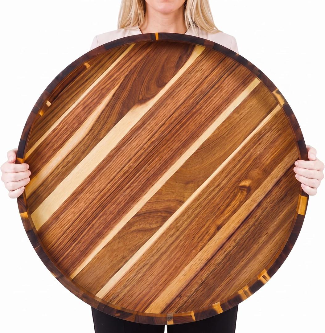 Domensi 24" Extra Large Acacia Wood Round Ottoman Tray with Handles
