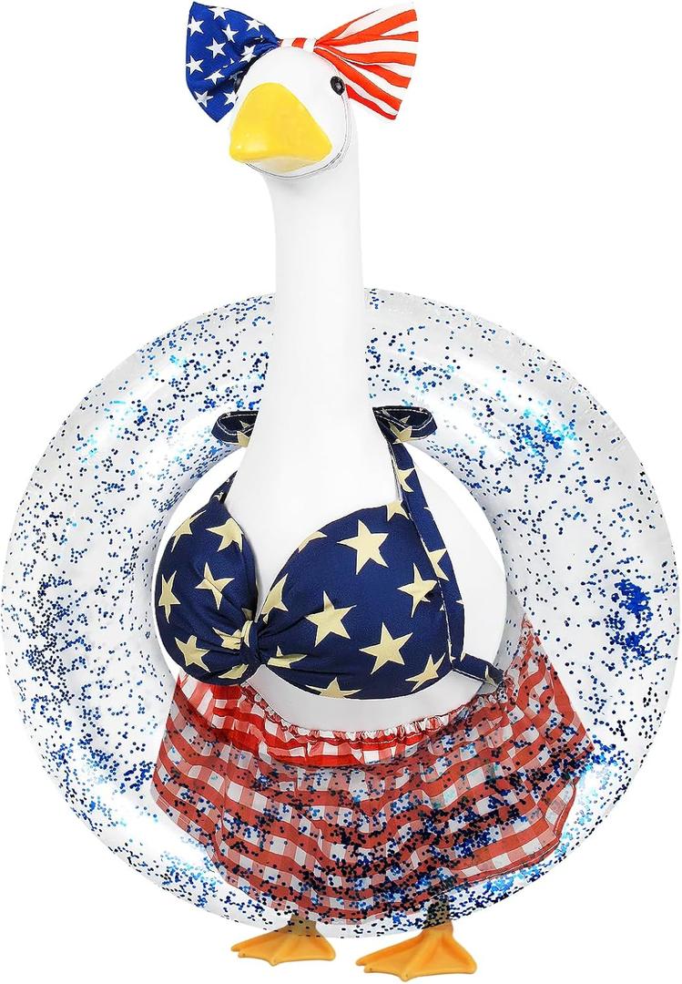 4th of July Porch Goose Outfits,3 Pcs Goose Outfit Set with Bow Headband,Bikini Skirt and Swim Ring,Fits 23-Inch Lawn Goose Statue,Patriotic Porch Goose Clothes for Yard Garden Patio Decor