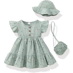 Baby Girl Clothes Toddler Girl Summer Dress Ruffle Fly Sleeve Casual Dresses Sundress for Girls with Hat and Bag (Green, 4-5T)