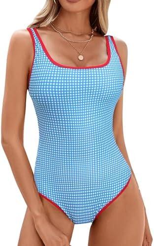BMJL Women's One Piece Swimsuit Sports Adjustable Strap Bathing Suit Color Block Ribbed High Cut Swimsuits, M