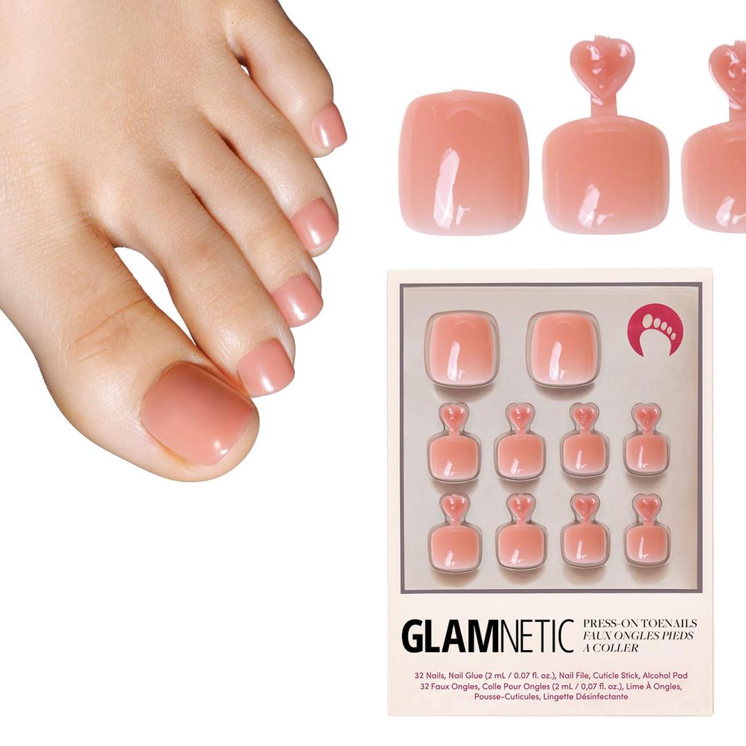 Glamnetic Press On Toenails - Sheer Peach | Natural Peach Semi-Transparent Fake Toe Nails with a Glossy Finish | 16 Sizes - 32 Toe Nail Kit with Glue