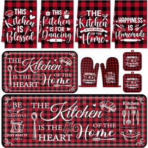Fourluoo 10 Pcs Farmhouse Home Kitchen Decor Set 4 Kitchen Dish Towels 2 Pot Holders 2 Oven Mitt Rustic Rug and Mat for Cooking Baking Daughter Mom Gift Decor(Red White, Classic Style)