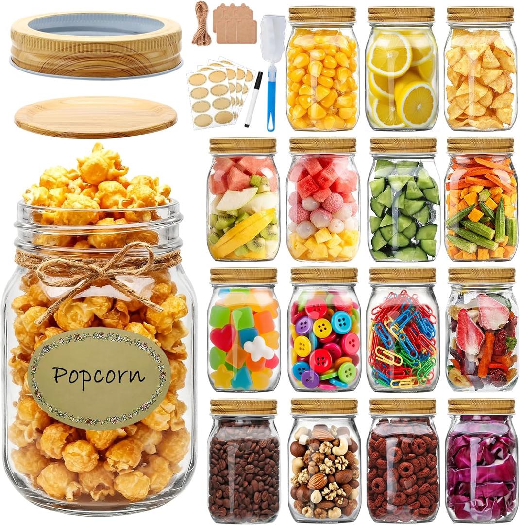 16pack Mason Jars 16oz with Airtight Woodgrain Lids and Bands, Pint Canning Jars, Clear Glass Jars for Canning, Pickling, Meal Prep, Jam, Honey, Shower/Wedding Favors, Labels & Brush & Twine Included