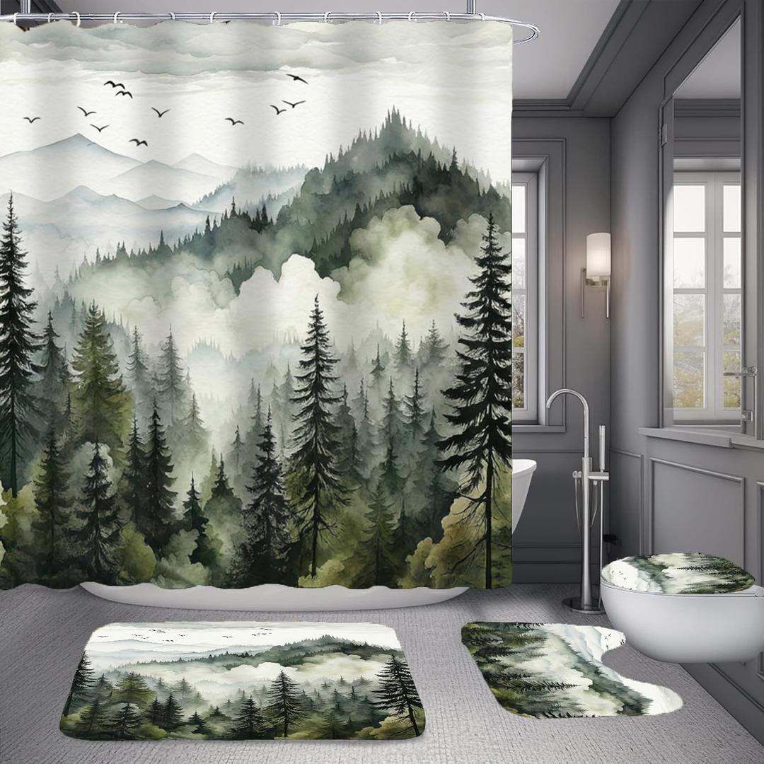 NBVKO 4Pcs Green Misty Forest Shower Curtain Set with 12 Hooks Non-Slip Rugs,Toilet Lid Cover and Bath Mat,Nature Tree Mountain Bathroom Decor for Hotel & Home Bathroom