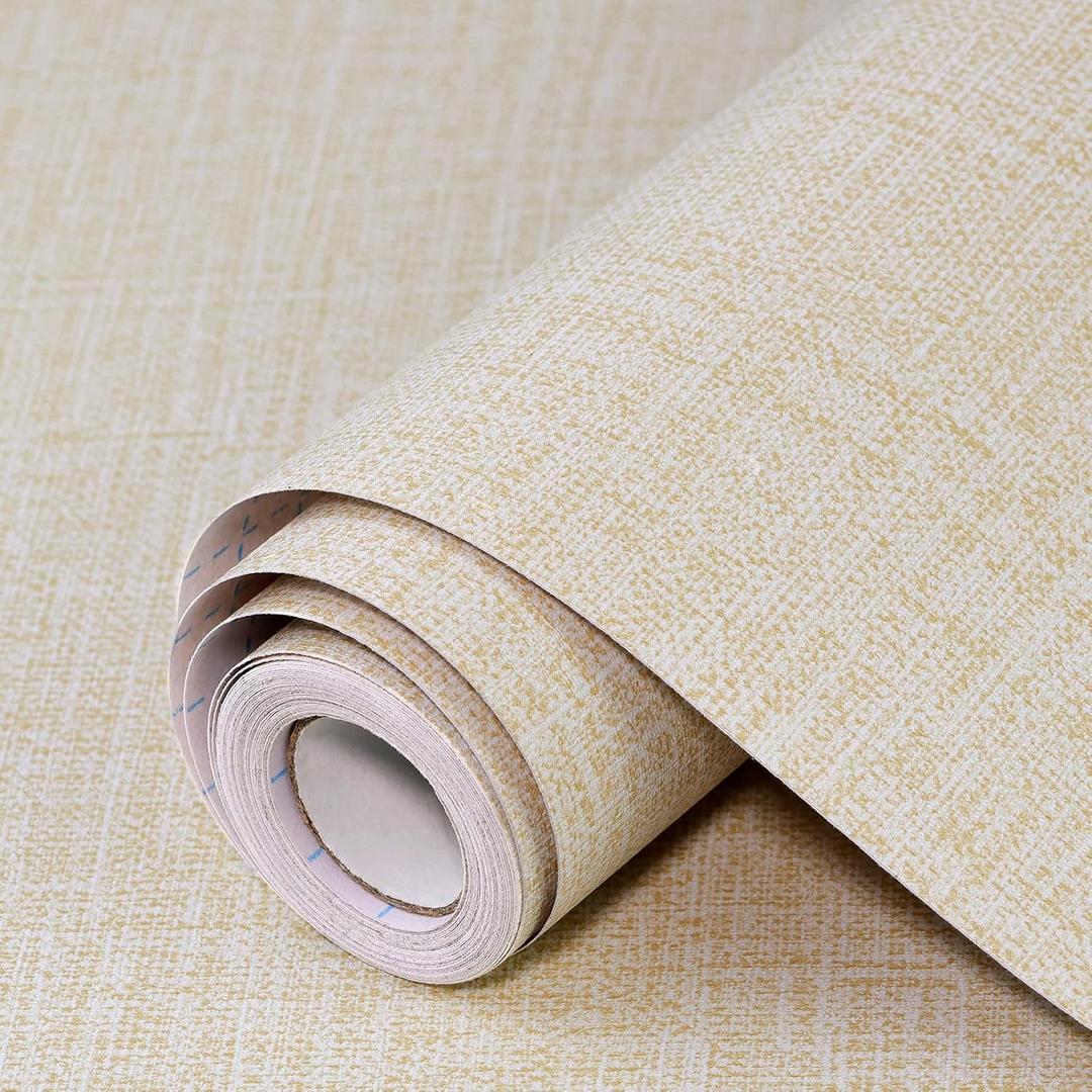 Beige Grasscloth Peel and Stick Wallpaper 17.3"x120" Faux Linen Textured Contact Paper Removable Self Adhesive Vinyl Wallpaper for Bedroom Bathroom Kitchen Cabinets