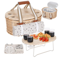Picnic Basket Set for 4 - Wicker Insulated Picnic Basket with Waterproof Blanket, Folding Wine Picnic Table & Cutlery Kits, Picnic Baskets Kit for Camping, Outdoor, Valentine (Cherry)