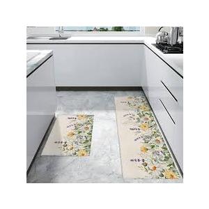 Kitchen Runner Rug, Lavender Daisy Flower Eucalyptus Leaves Vintage Spring Sunmmer Floral Non Slip Runner Carpet Door Mats Floor Mat for Laundry Bedside Bathroom Bedroom Set of 2