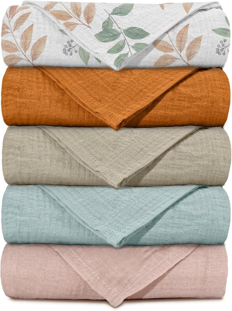 Muslin Receiving Blankets, Neutral Blanket Swaddling for Newborn Boys and Girls, 5 Pack Breathable and Skin-Friendly Swaddle Wrap for Infant Baby (Gentle Colors)