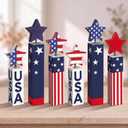 Tradder 6 Pcs 4th of July Table Decor Patriotic Wooden Red White Blue Firework Decor 250th Anniversary Independence Day Memorial Day Wood Sign Centerpieces Tiered Tray Decoration for Home Office Table