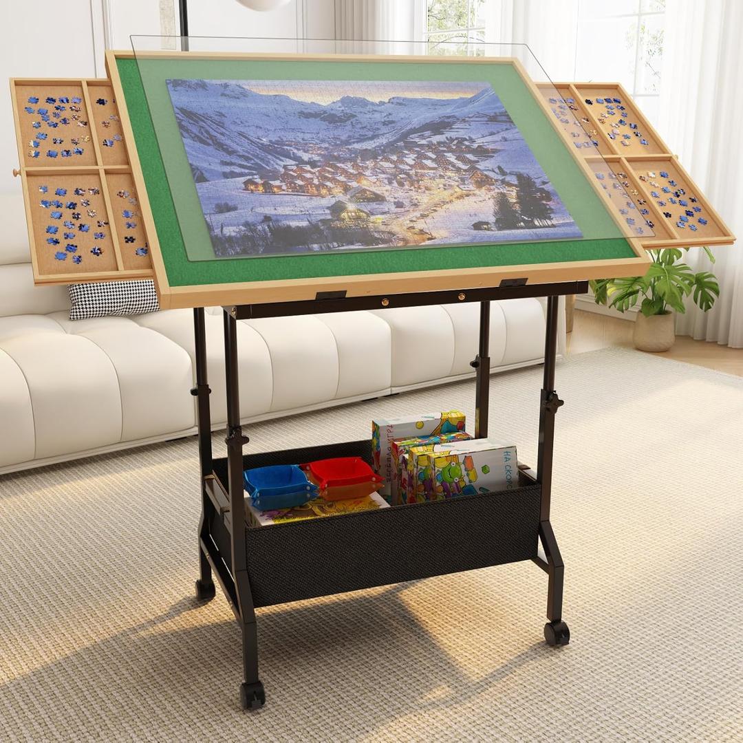 Large Puzzle Table with 2 Drawers for 300-1500 Piece Puzzles - Rolling Puzzle Table with Adjustable Height & Angle, Puzzle Board with Felt, Cover, Storage Drawer for Adults