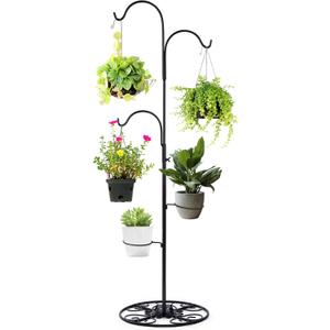 Blulu 34-55 Inch Adjustable Black Iron Shepherd Hook with Base Indoor Outdoor Hanging Plant Stand Wind Chime Stand Bird Feeder Flower Basket for Garden Plants Weddings Event Home Christmas Decor