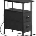 HOOBRO End Table with Charging Station, Narrow Side Table with 2 Fabric Drawers, Skinny Nightstand with Storage, Slim Bedside Table for Bedroom, Living Room, Small Spaces, Black BB487UBZ01