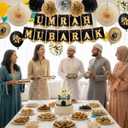 Umrah Mubarak Decorations Party Banner - Black Gold Mubarak Balloons Paper Pom Poms and Cake Topper, Hajj Mubarak Islamic Festival Decor Supplies