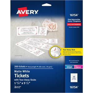 Avery Printable Tickets with Tear-Away Stubs, 1.75" x 5.5", Matte White, 200 Blank Tickets for Laser and Inkjet Printers (16154)