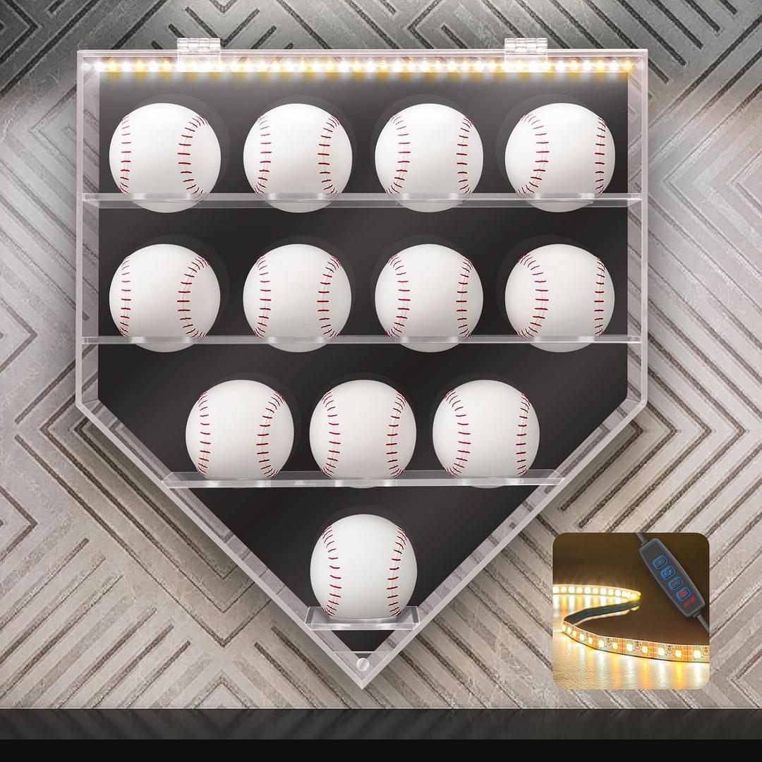Baseball Display Case, Acrylic Baseball Holder Display Case for Balls, Lighted Wall Mount Baseball Shadow Box, UV Protected Memorabilia Autograph Display Box for 12 Balls, Black