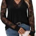 SweatyRocks Women's Plus Size Lace Tops Mesh Long Sleeve V Neck Fitted Tees Shirts (Black), XL